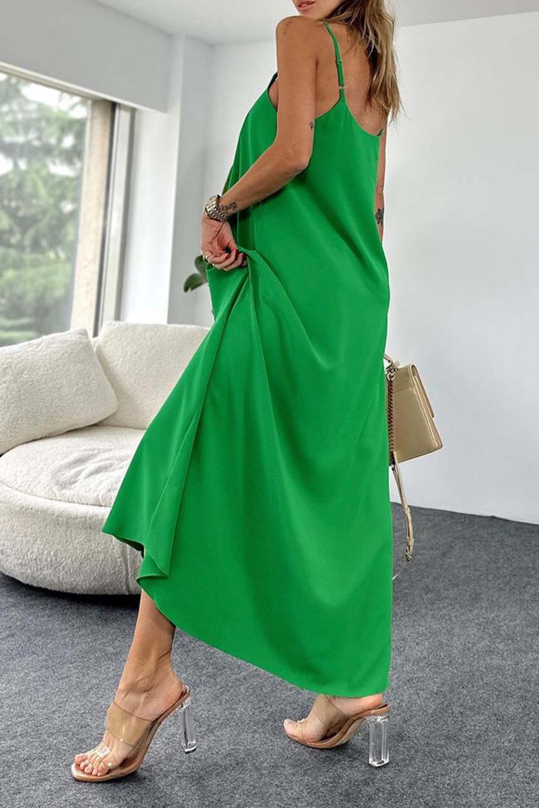 Solid Color A-Line Sleeveless Midi Dress Green · L