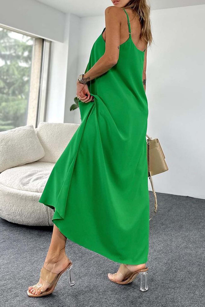 Solid Color A-Line Sleeveless Midi Dress Green · L