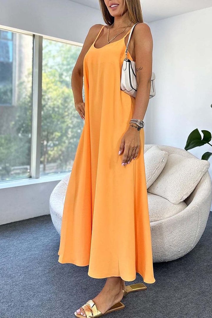 Solid Color A-Line Sleeveless Midi Dress Orange · S