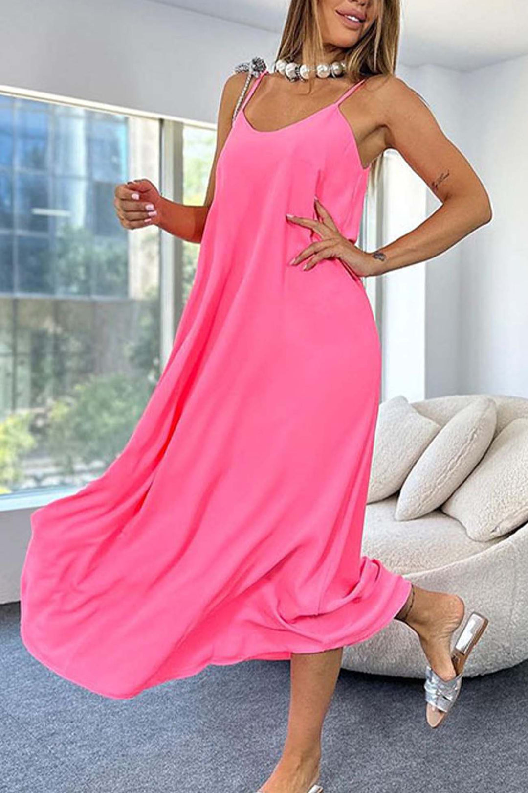 Solid Color A-Line Sleeveless Midi Dress Pink · S