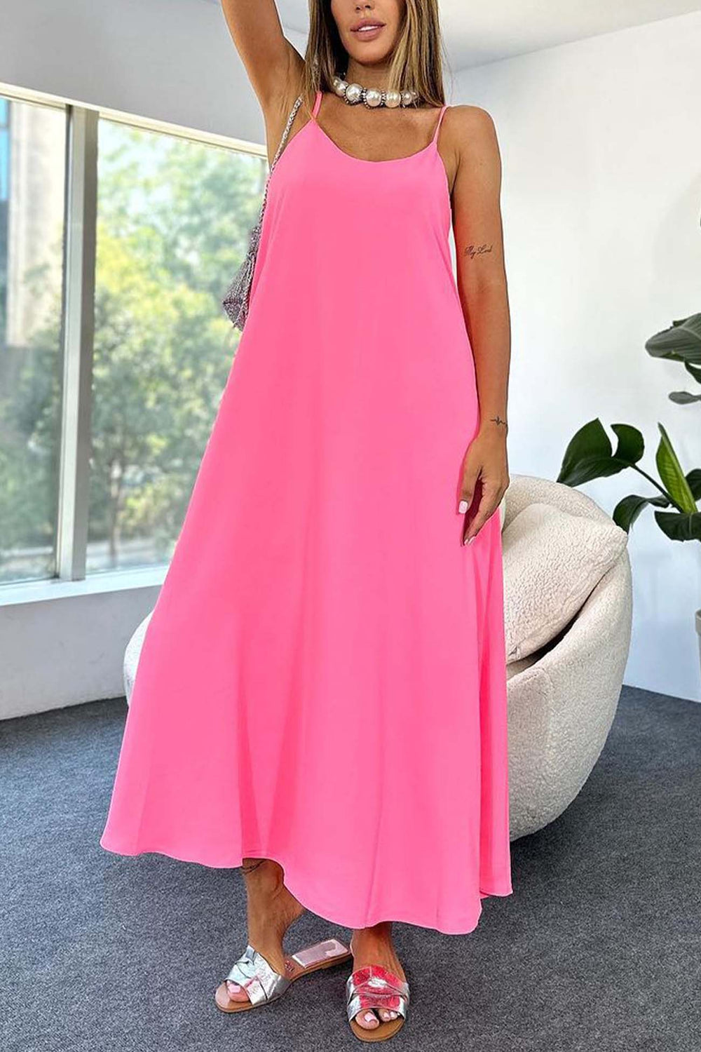 Solid Color A-Line Sleeveless Midi Dress Pink · M