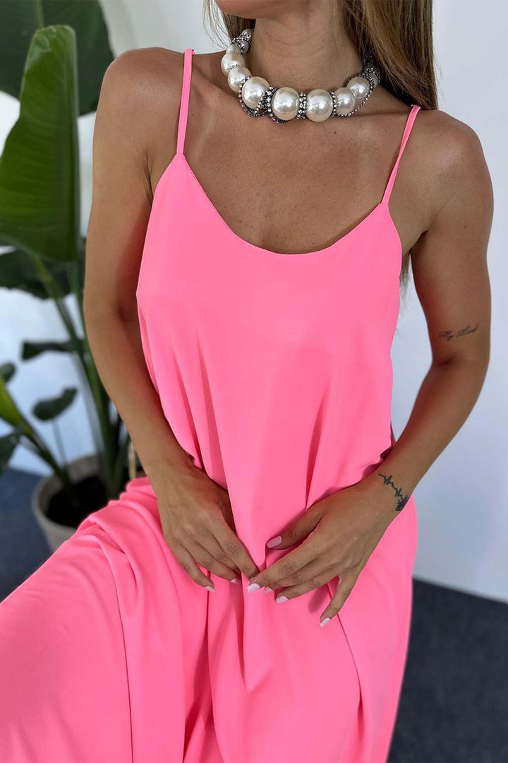 Solid Color A-Line Sleeveless Midi Dress Pink · L