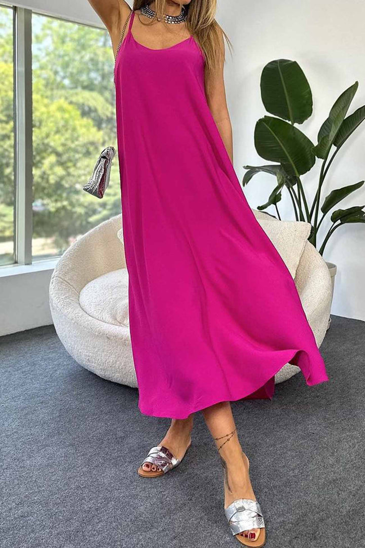 Solid Color A-Line Sleeveless Midi Dress Rose · L