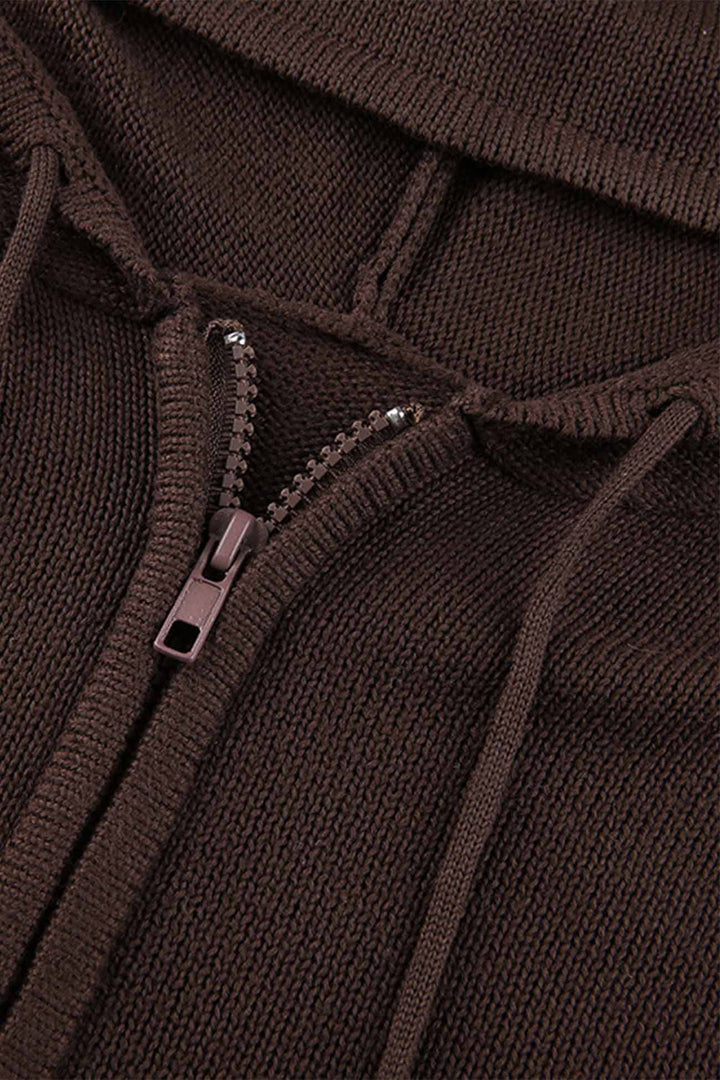 Solid Color Hooded Pocket Zip-Up Cardigan Red · S