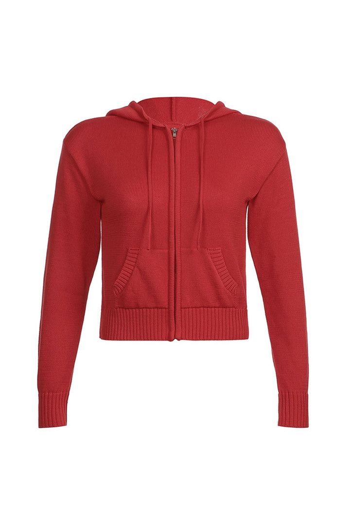 Solid Color Hooded Pocket Zip-Up Cardigan Coffee Brown · S