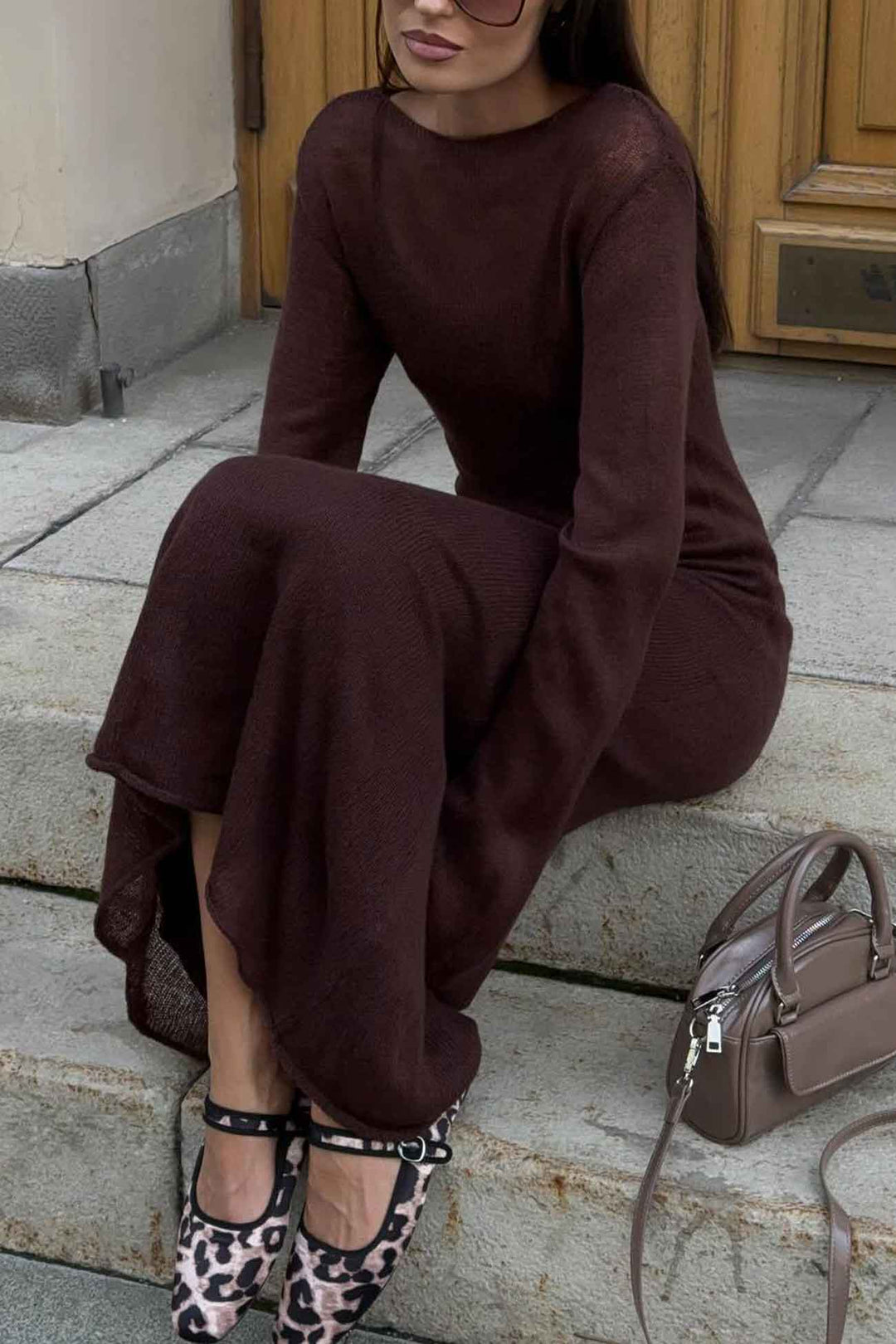 Solid Color Knitted Semi-Sheer Maxi Dress Set White · M