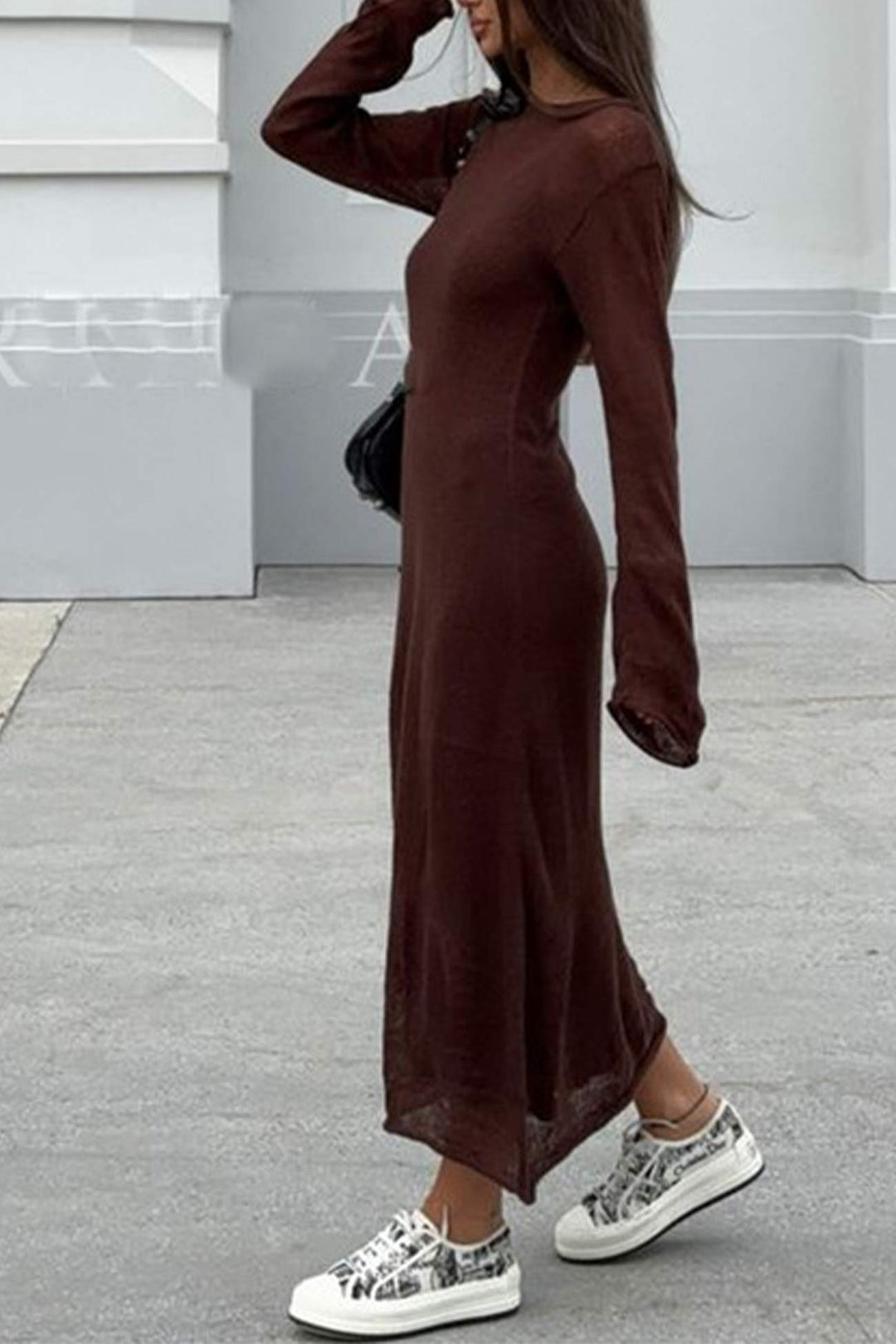 Solid Color Knitted Semi-Sheer Maxi Dress Set Brown · S