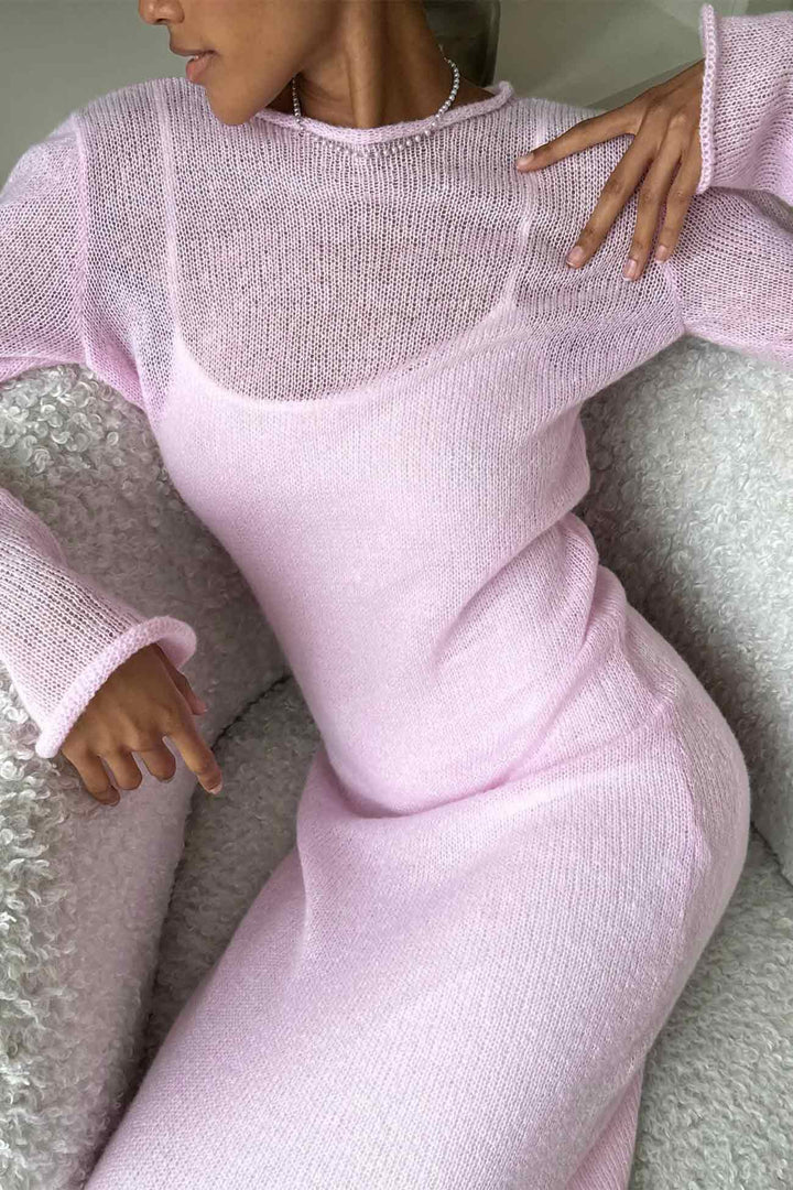 Solid Color Knitted Semi-Sheer Maxi Dress Set Pink · M