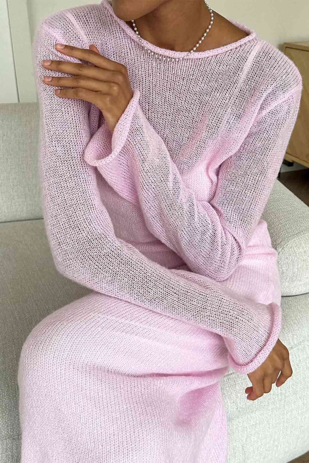 Solid Color Knitted Semi-Sheer Maxi Dress Set Pink · S