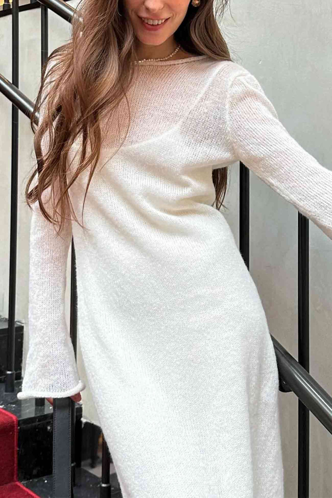 Solid Color Knitted Semi-Sheer Maxi Dress Set Pink · L