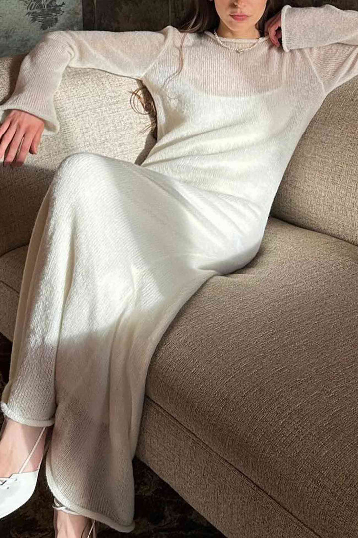 Solid Color Knitted Semi-Sheer Maxi Dress Set White · S