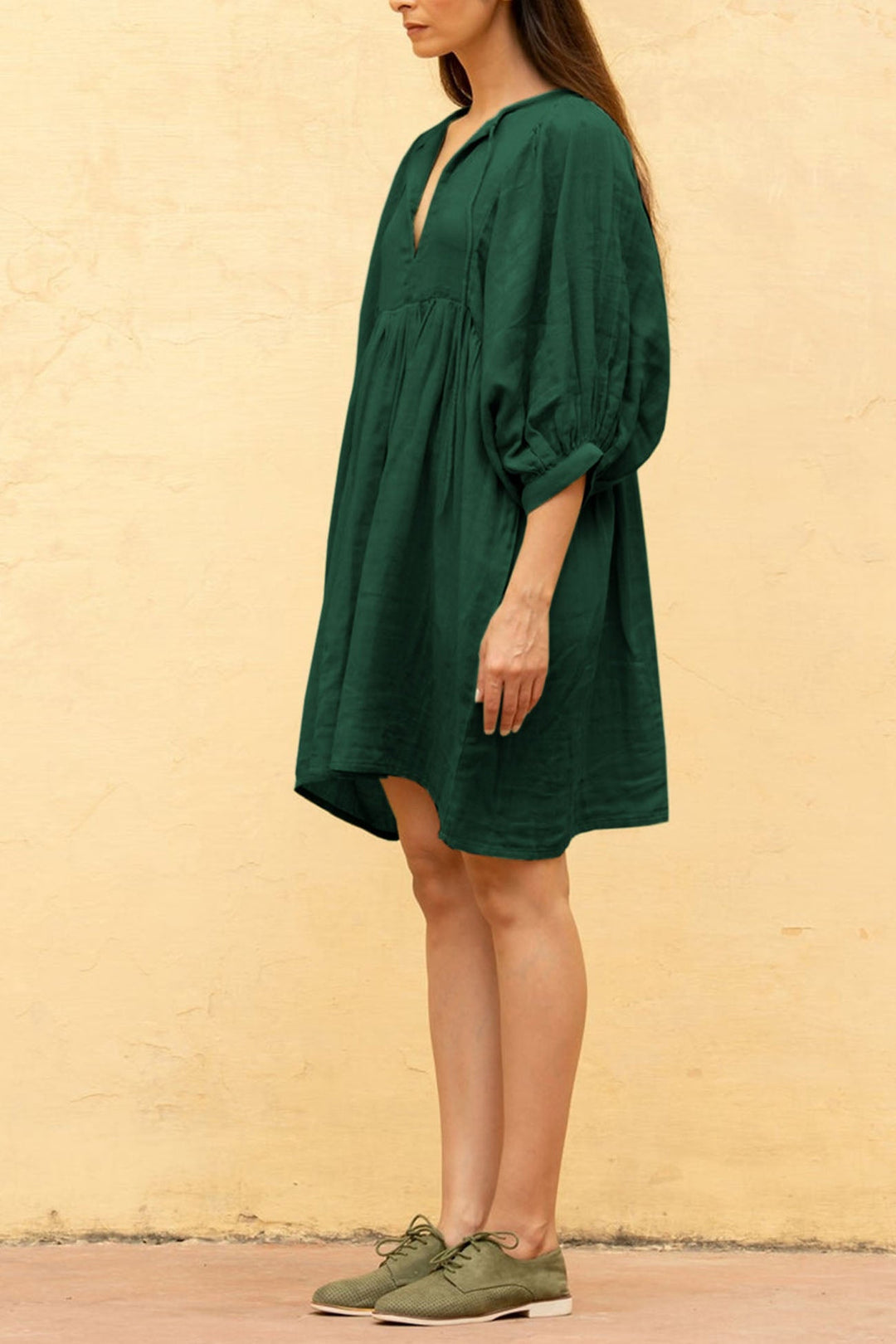 Solid Color Lantern Sleeve V Neck Mini Dress Beige · S