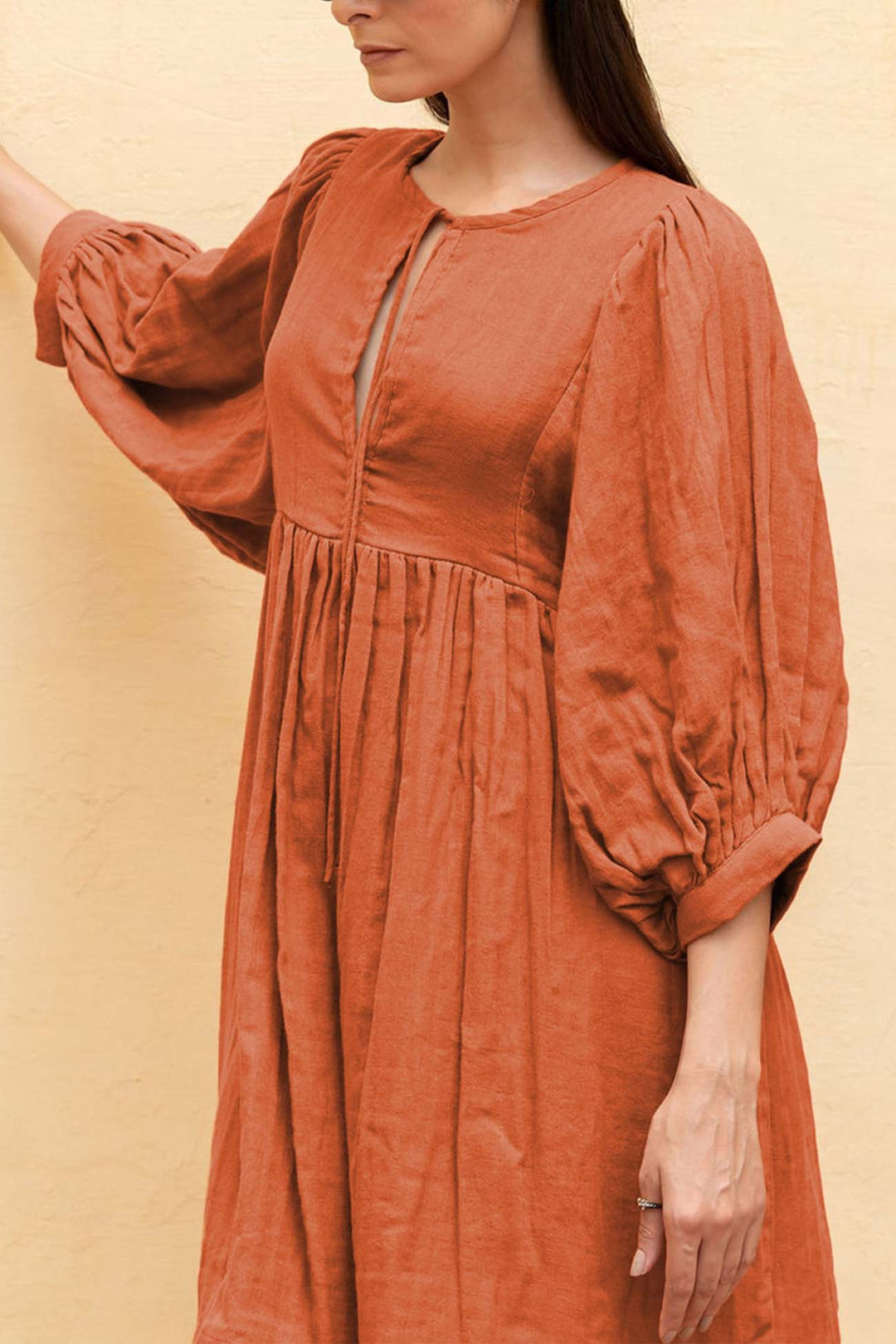 Solid Color Lantern Sleeve V Neck Mini Dress Orange Red · S