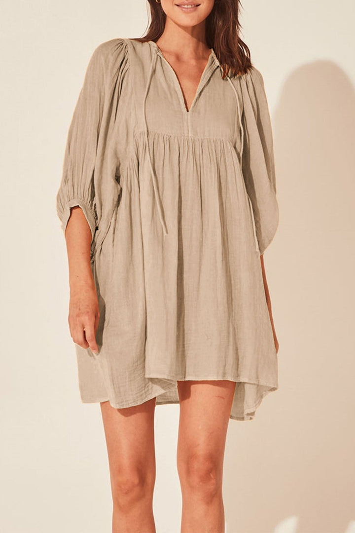 Solid Color Lantern Sleeve V Neck Mini Dress Black · S