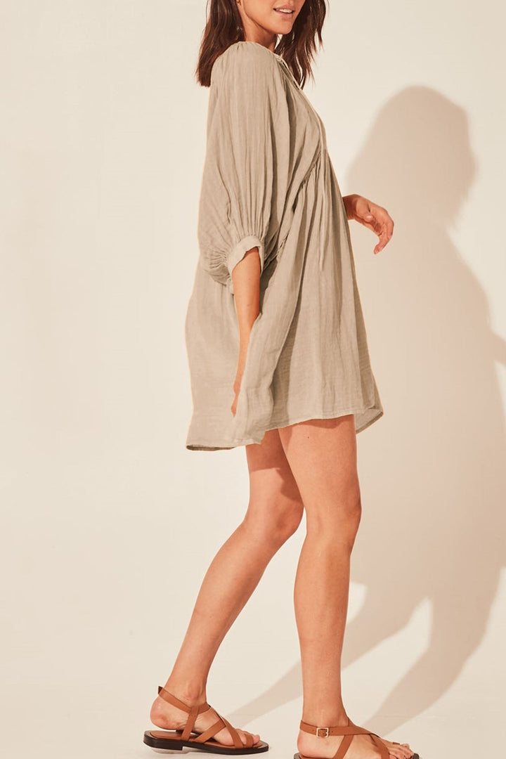 Solid Color Lantern Sleeve V Neck Mini Dress Black · M