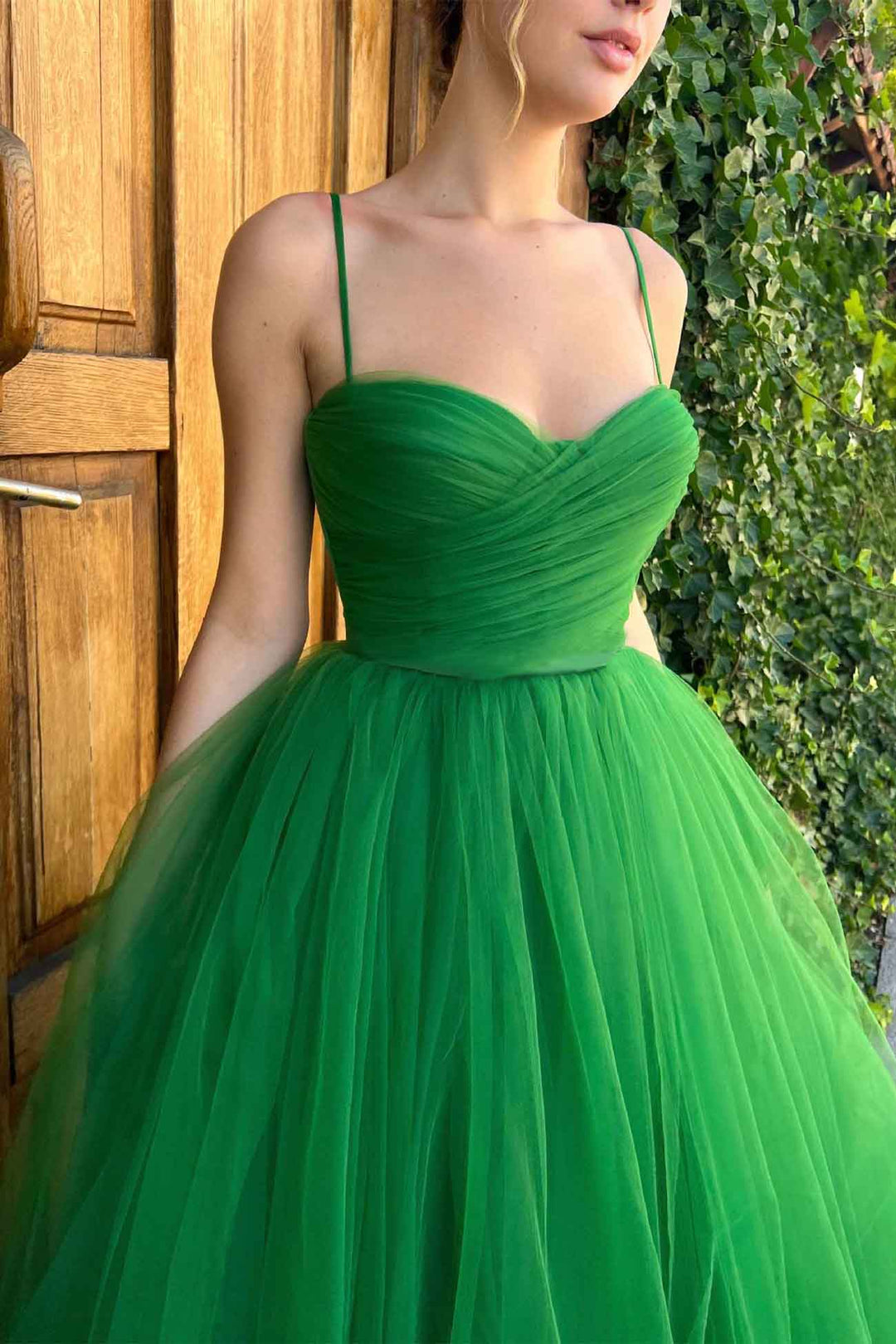 Solid Color Mesh Strappy A-line Dress Green · S