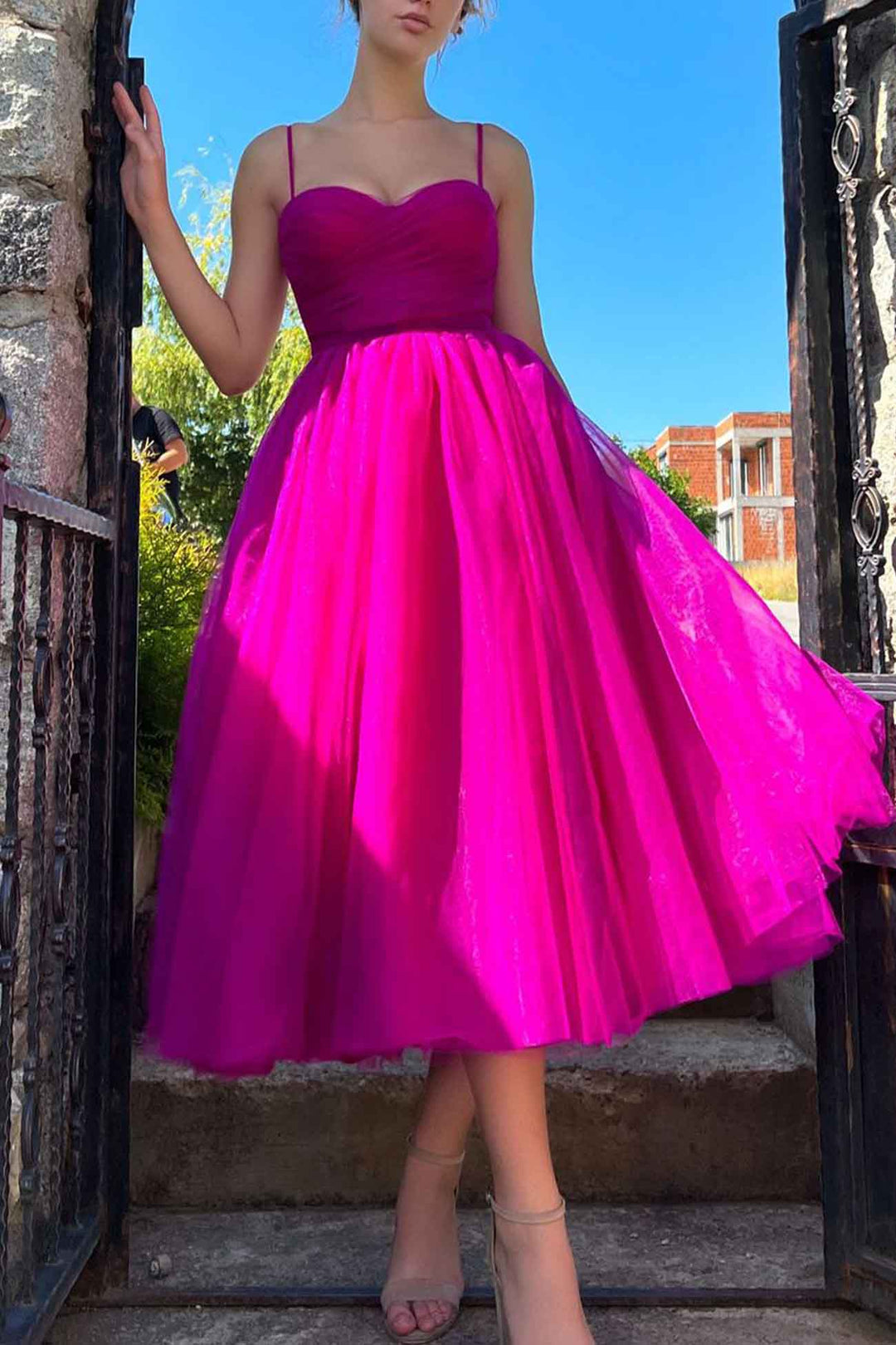 Solid Color Mesh Strappy A-line Dress Rose · M