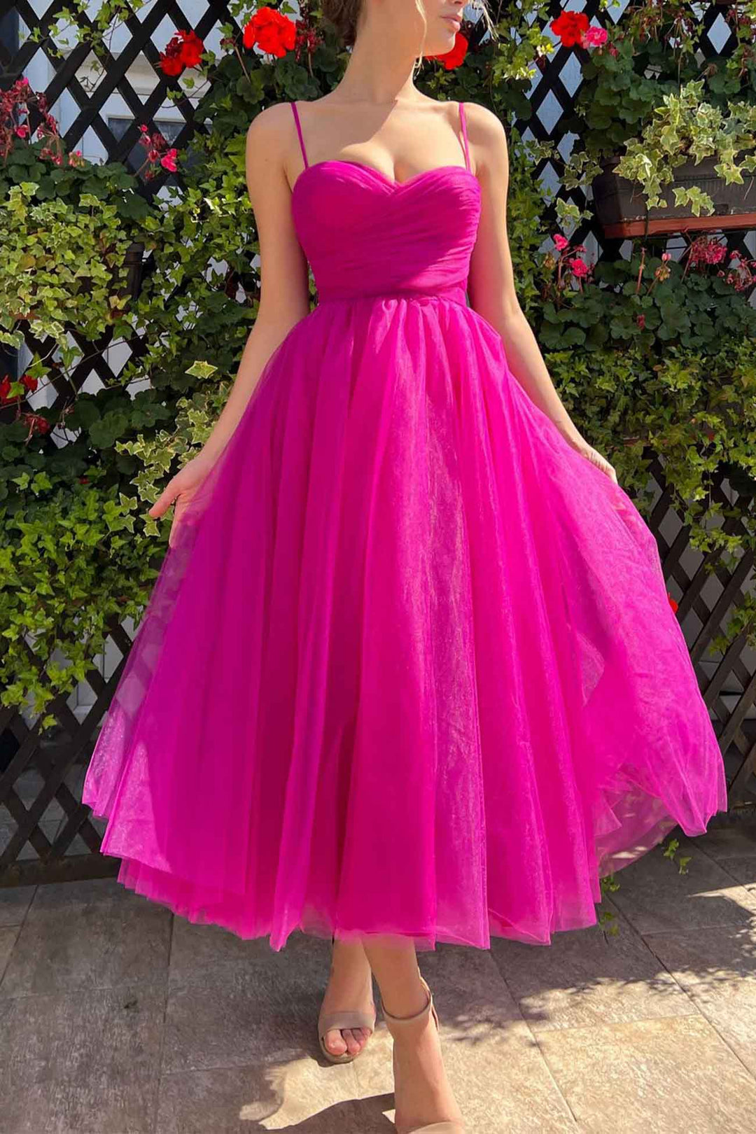 Solid Color Mesh Strappy A-line Dress Rose · L