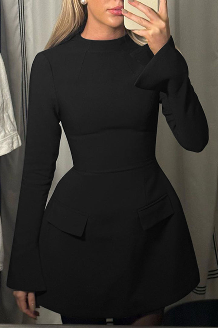 Solid Color Mock Neck Bell Sleeve Dress Black · L