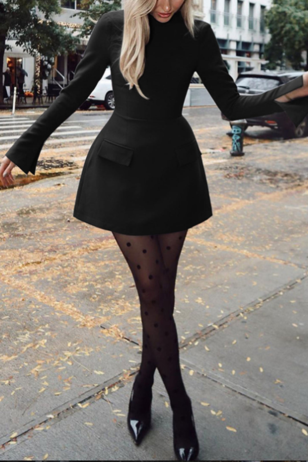 Solid Color Mock Neck Bell Sleeve Dress Black · XL