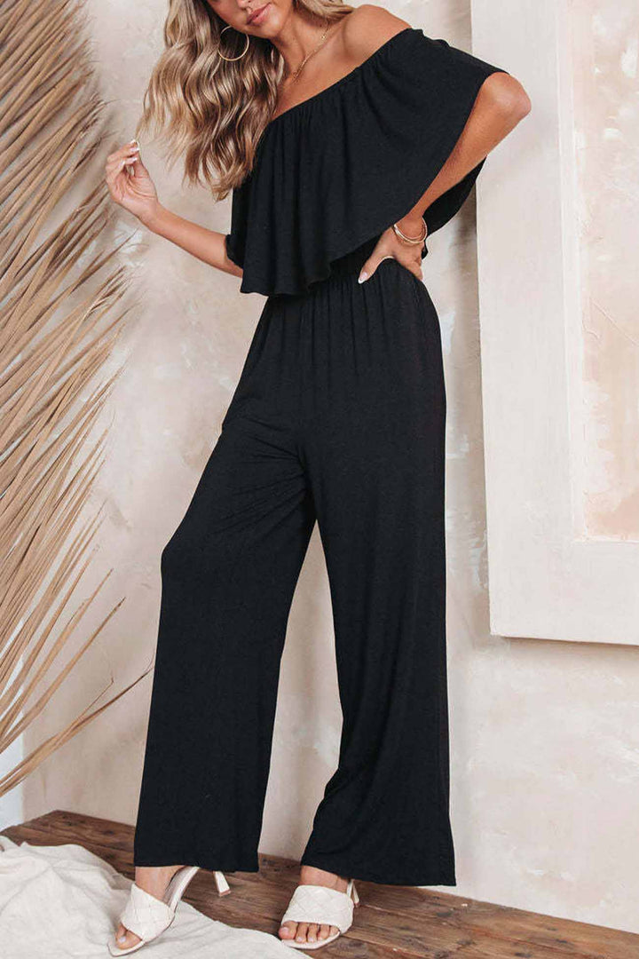 Solid Color Off Shoulder Wide Leg Jumpsuits Grey · L