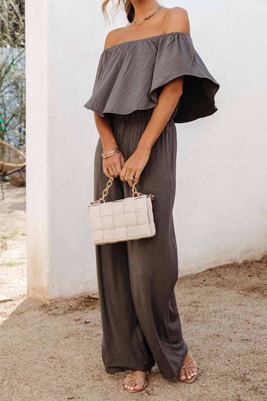 Solid Color Off Shoulder Wide Leg Jumpsuits Blue · 2XL