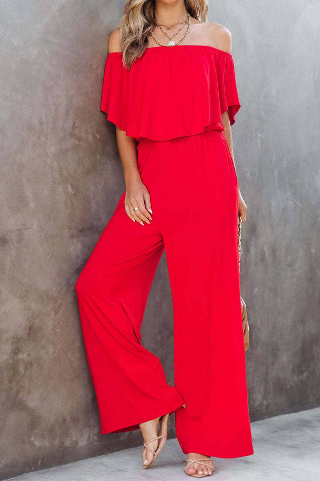Solid Color Off Shoulder Wide Leg Jumpsuits Black · S