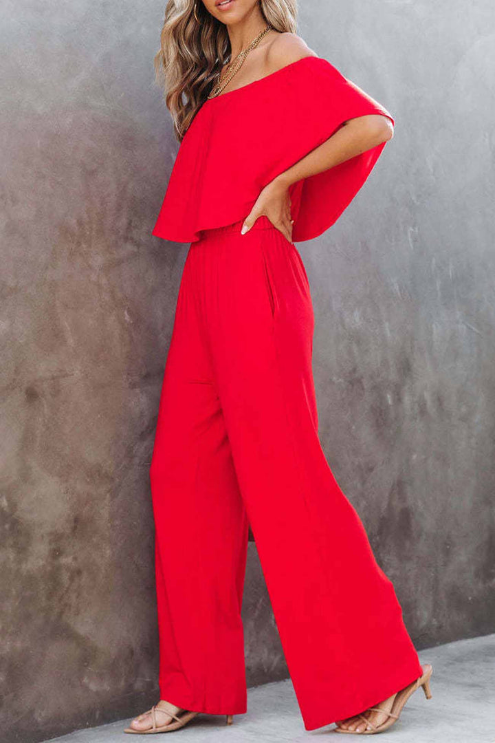 Solid Color Off Shoulder Wide Leg Jumpsuits Black · M