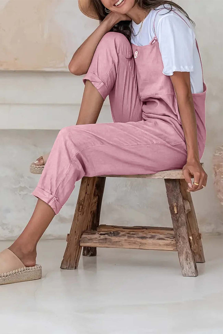 Solid Color Pocket Strappy Jumpsuits Pink · S