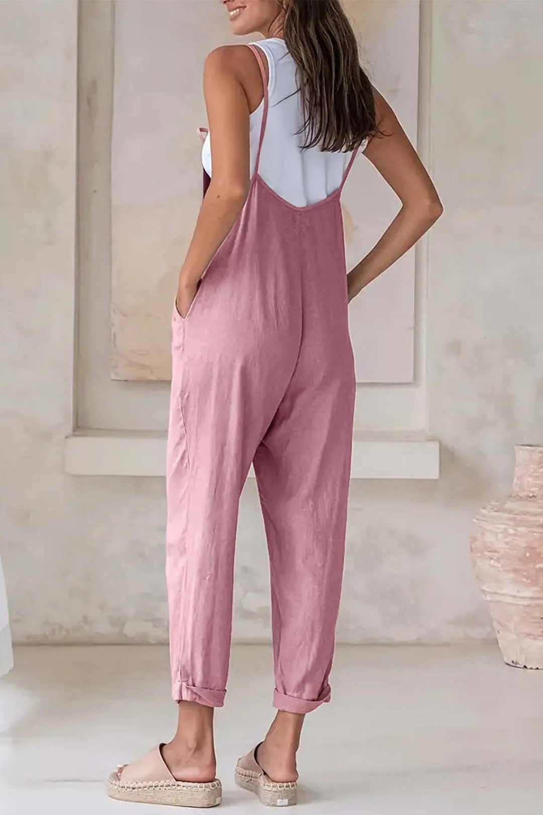 Solid Color Pocket Strappy Jumpsuits Pink · M