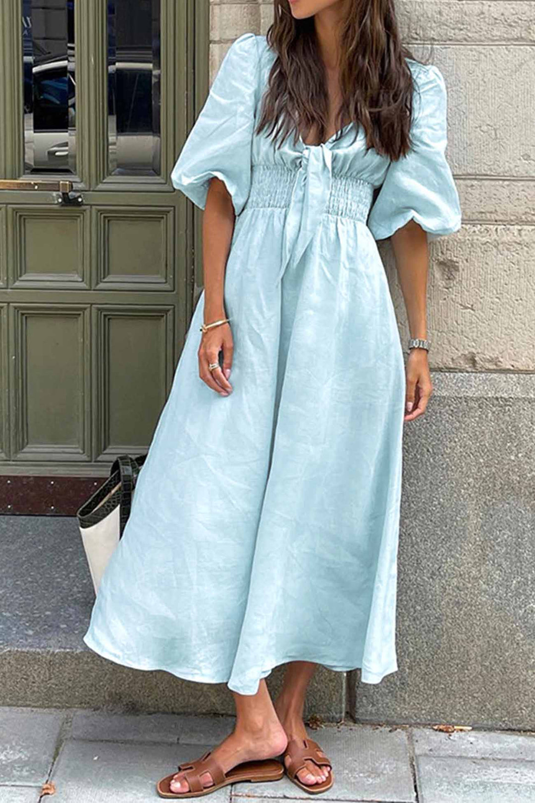 Solid Color Puff Sleeve Knot Midi Dress Light Blue · S