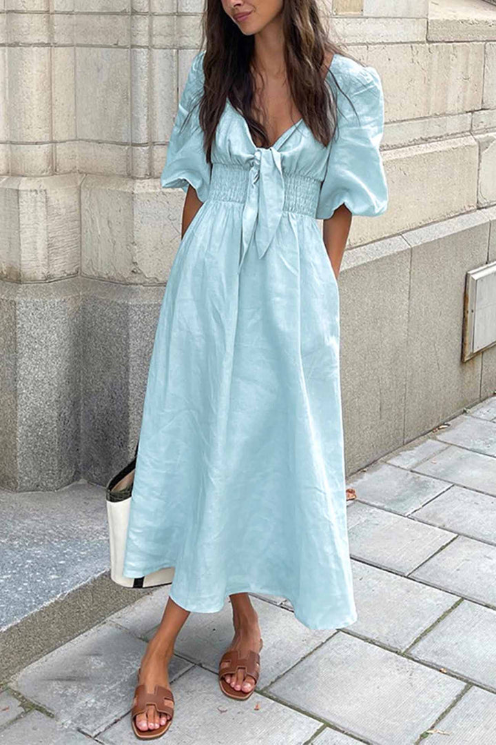 Solid Color Puff Sleeve Knot Midi Dress Light Blue · M