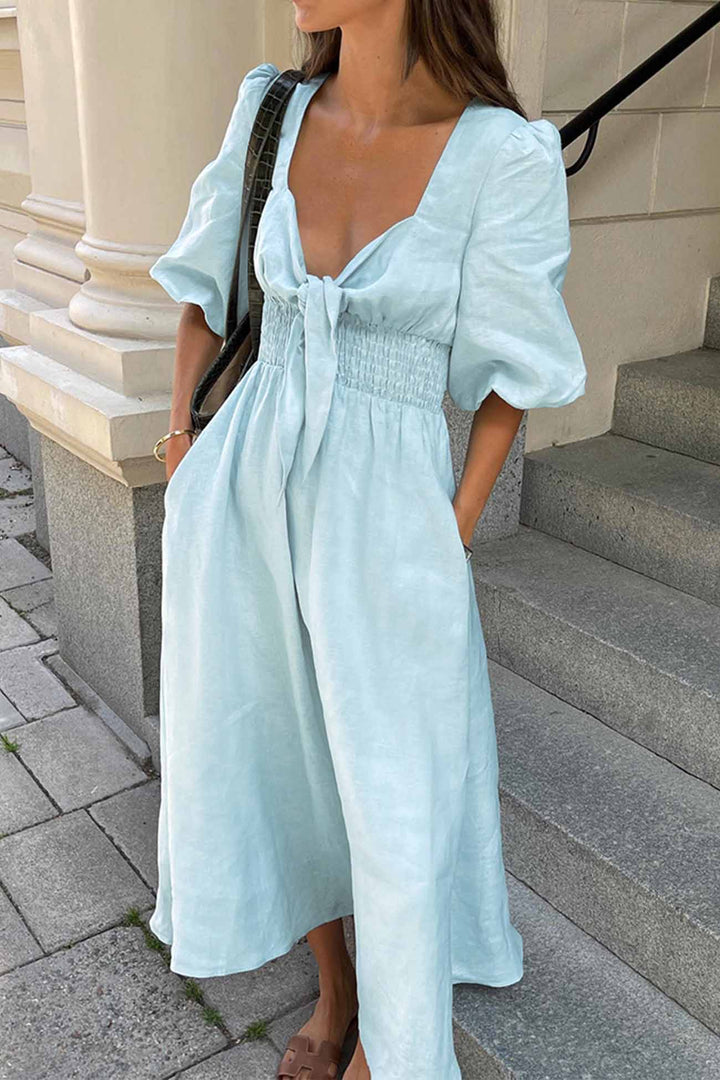 Solid Color Puff Sleeve Knot Midi Dress Light Blue · L