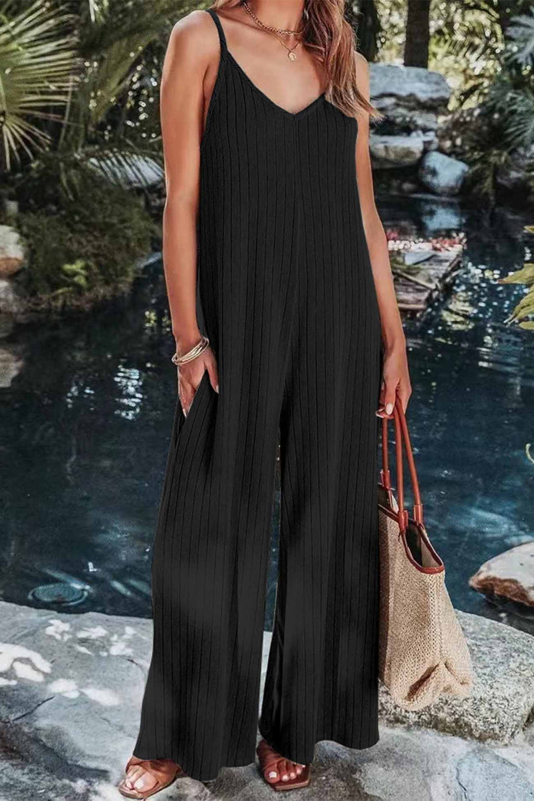 Solid Color Ribbed Sleeveless Wide Leg Jumpsuit Wine Red · L