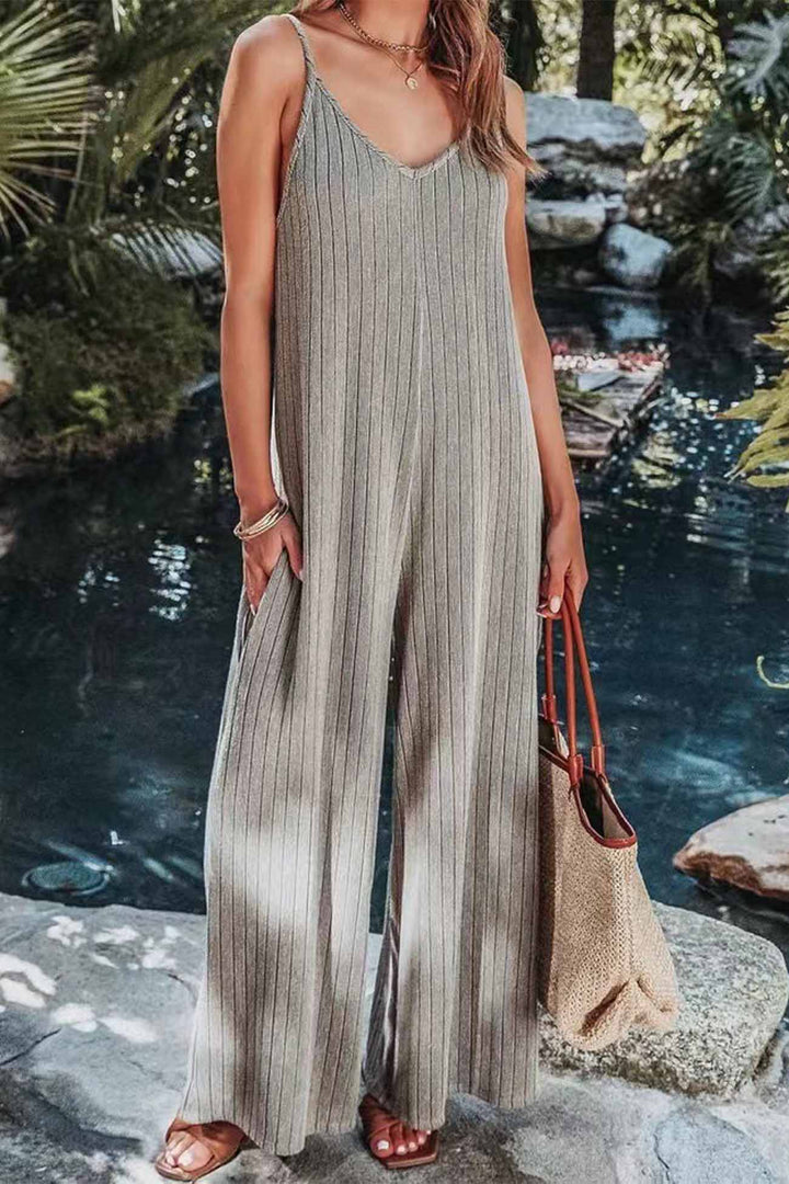 Solid Color Ribbed Sleeveless Wide Leg Jumpsuit Grey · S