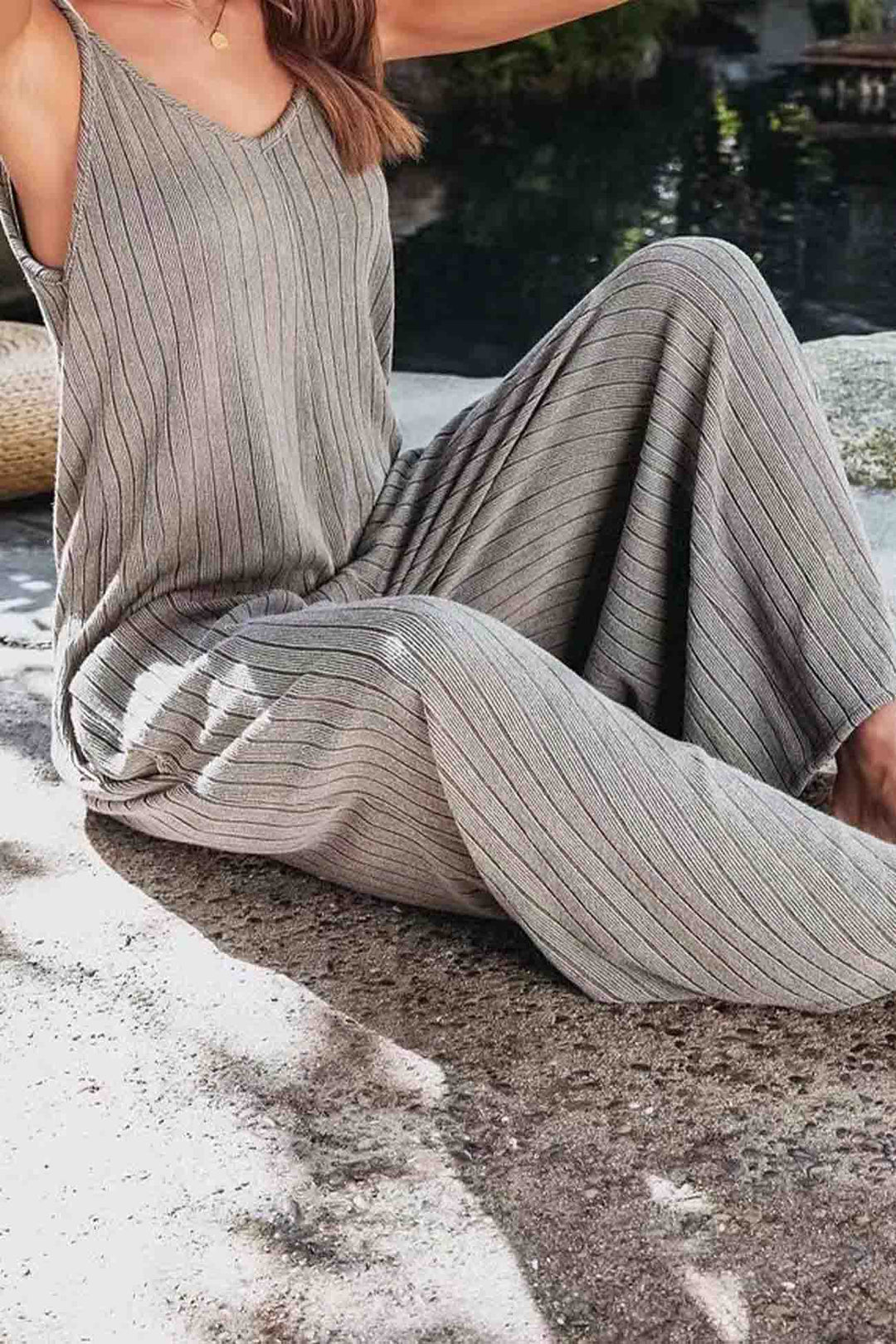 Solid Color Ribbed Sleeveless Wide Leg Jumpsuit Grey · M