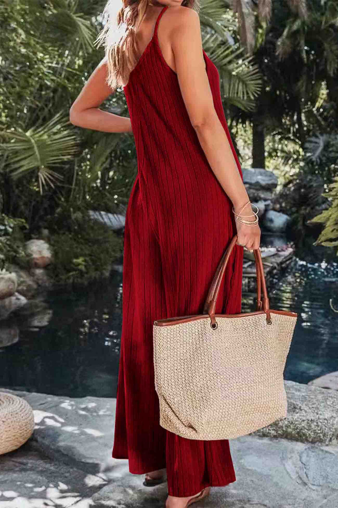Solid Color Ribbed Sleeveless Wide Leg Jumpsuit Wine Red · S