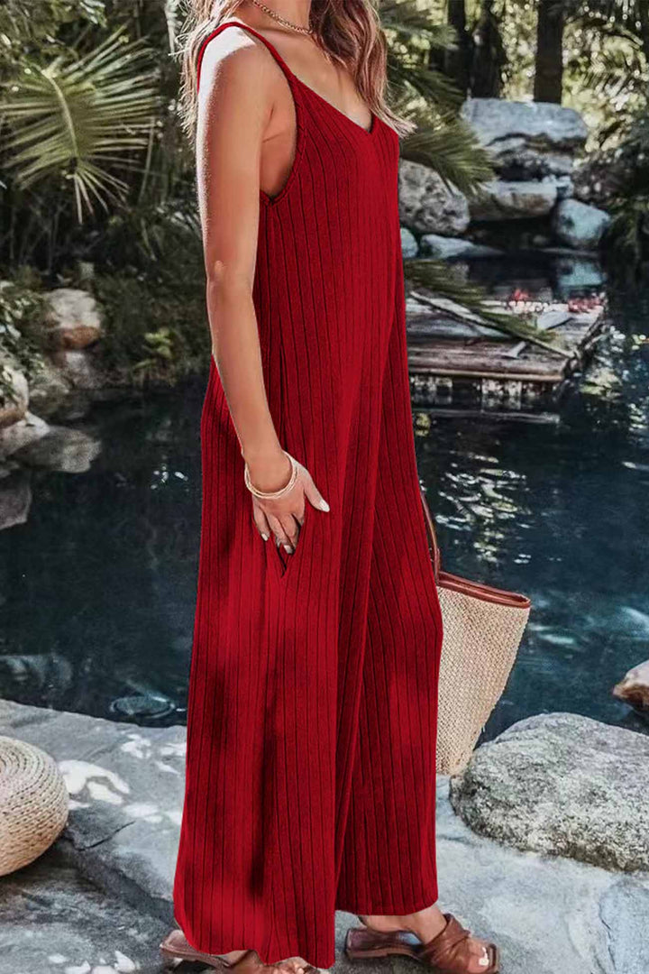 Solid Color Ribbed Sleeveless Wide Leg Jumpsuit Wine Red · M