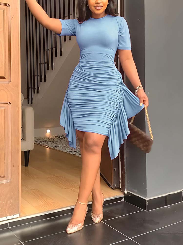Solid Color Ruffle Bodycon Dress Blue / L