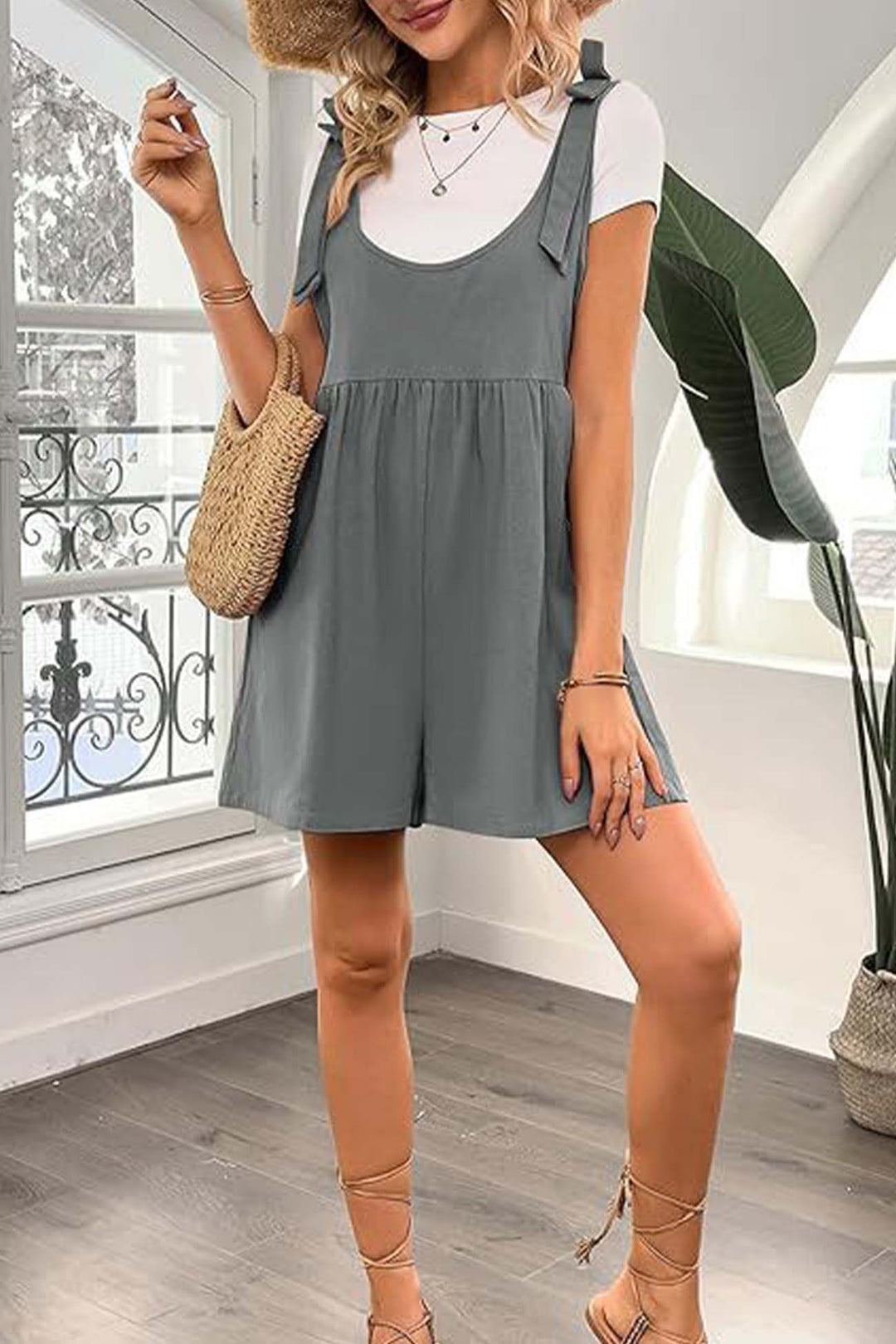 Solid Color Shoulder Bow Pocket Rompers Grey · S