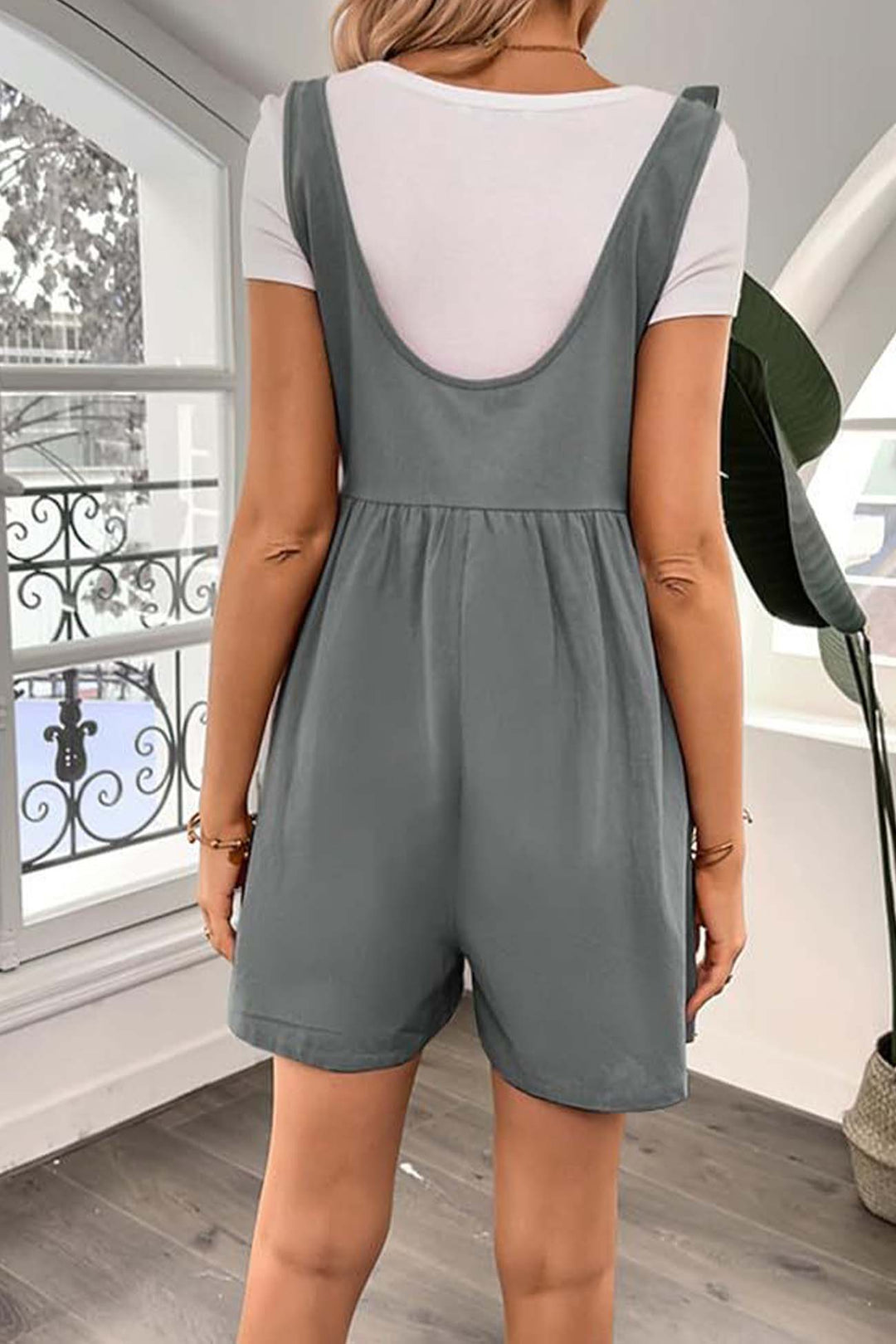 Solid Color Shoulder Bow Pocket Rompers Grey · M