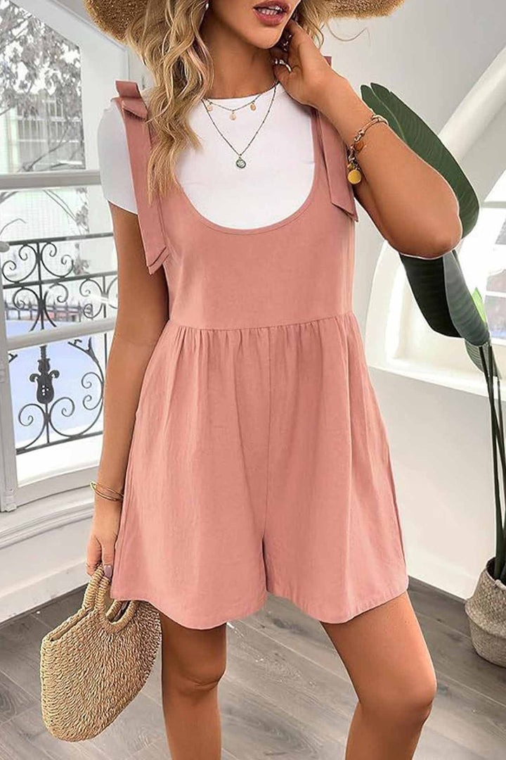 Solid Color Shoulder Bow Pocket Rompers Pink · S
