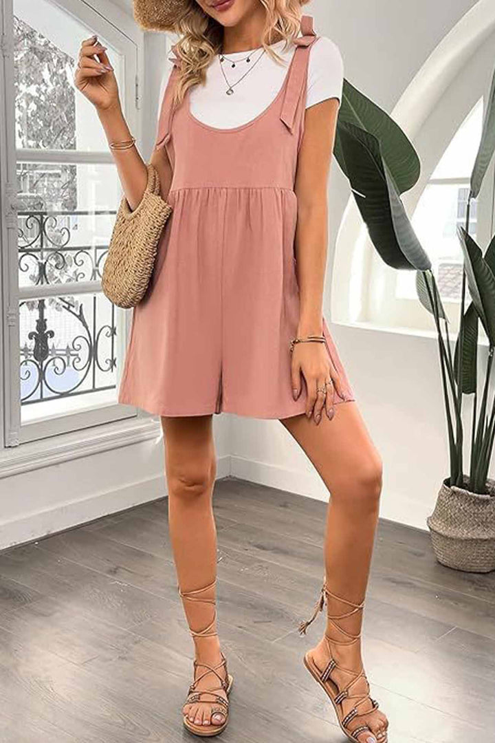 Solid Color Shoulder Bow Pocket Rompers Pink · M