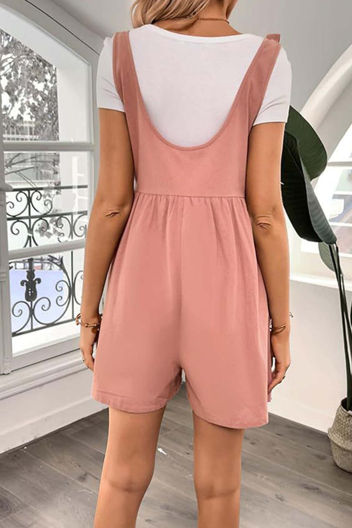 Solid Color Shoulder Bow Pocket Rompers Pink · L