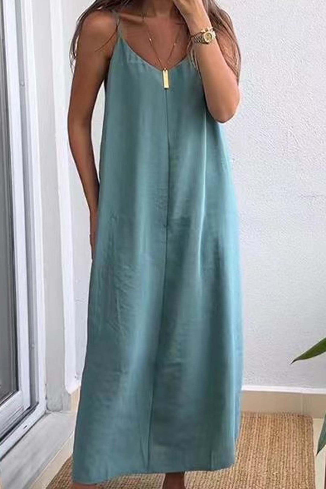 Solid Color Spaghetti Straps Loose Midi Dress Rose · 2XL