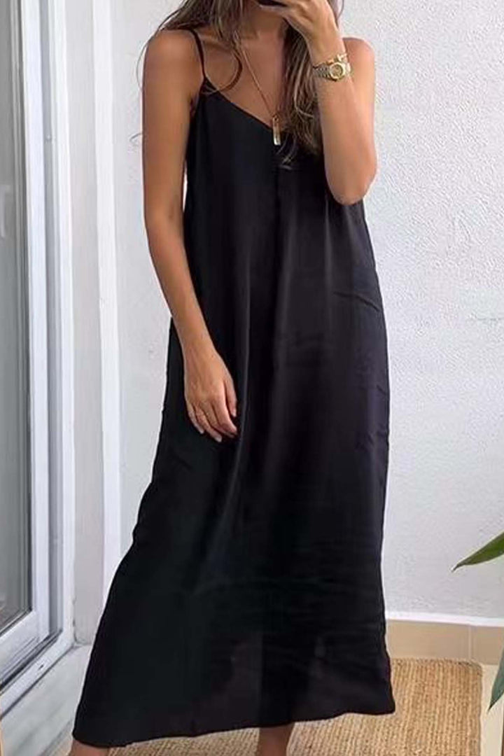 Solid Color Spaghetti Straps Loose Midi Dress Rose · 4XL