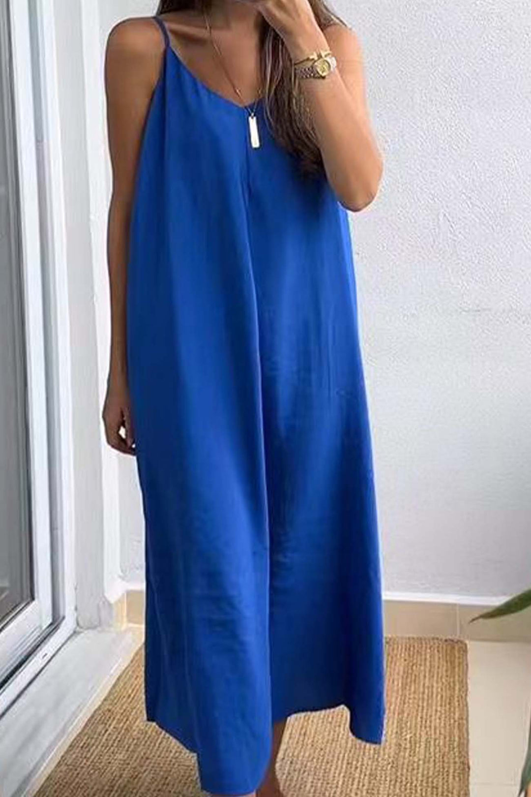 Solid Color Spaghetti Straps Loose Midi Dress Rose · S
