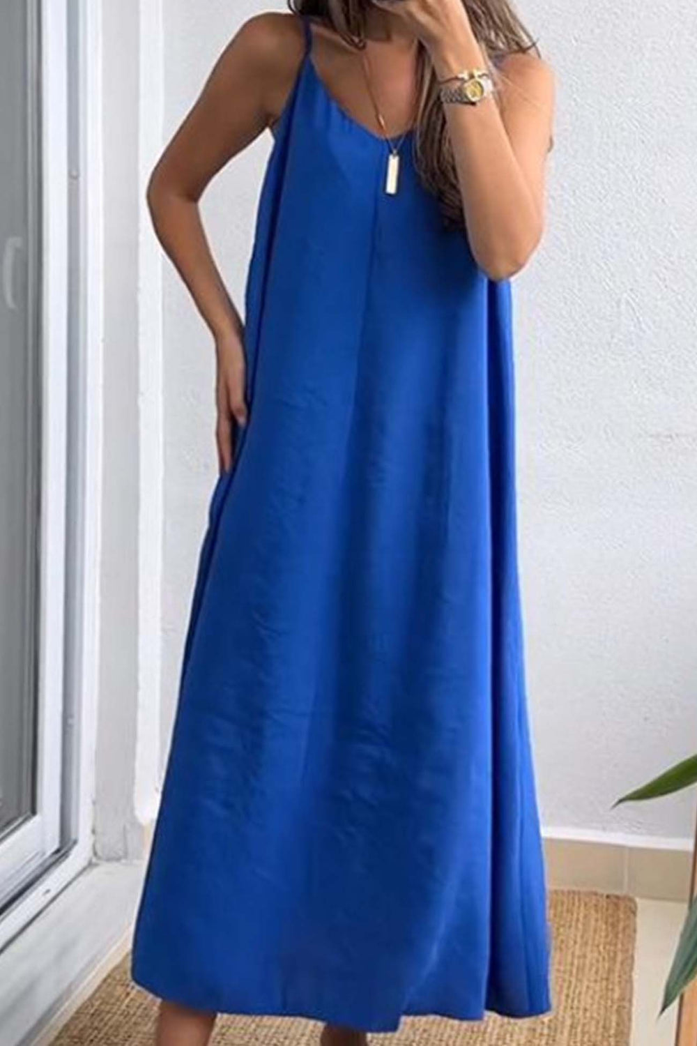 Solid Color Spaghetti Straps Loose Midi Dress Rose · M