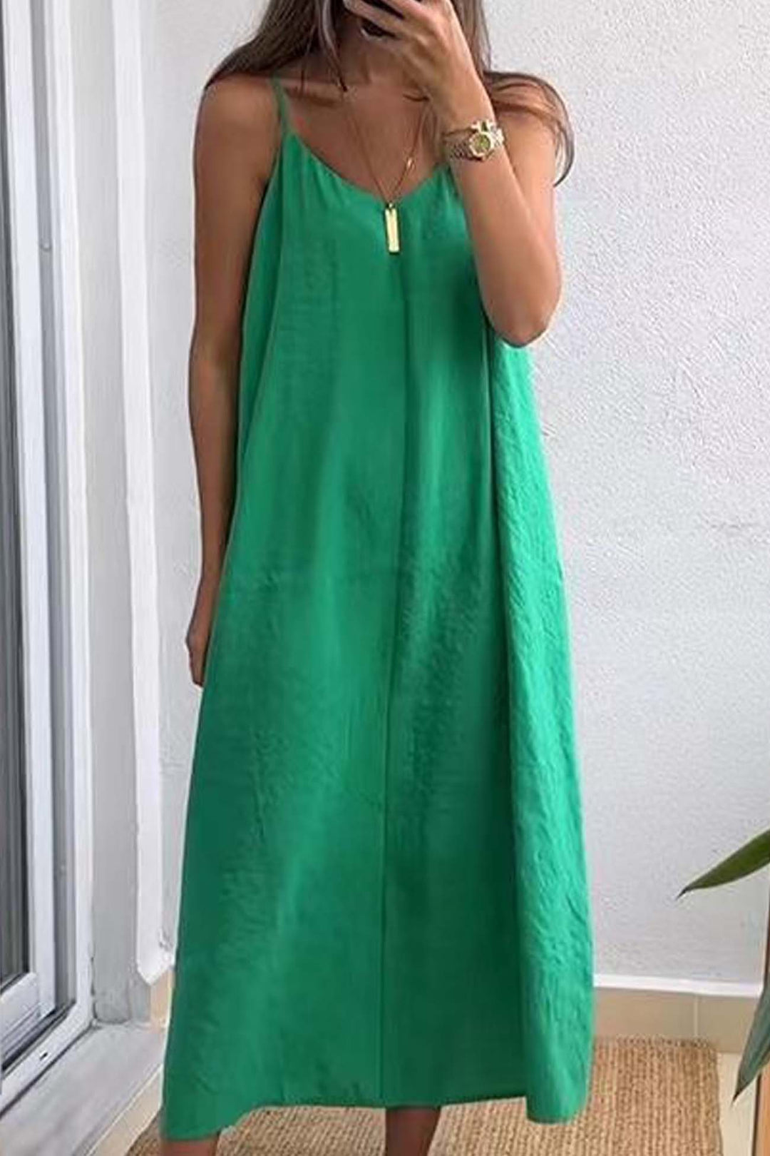 Solid Color Spaghetti Straps Loose Midi Dress Rose · XL