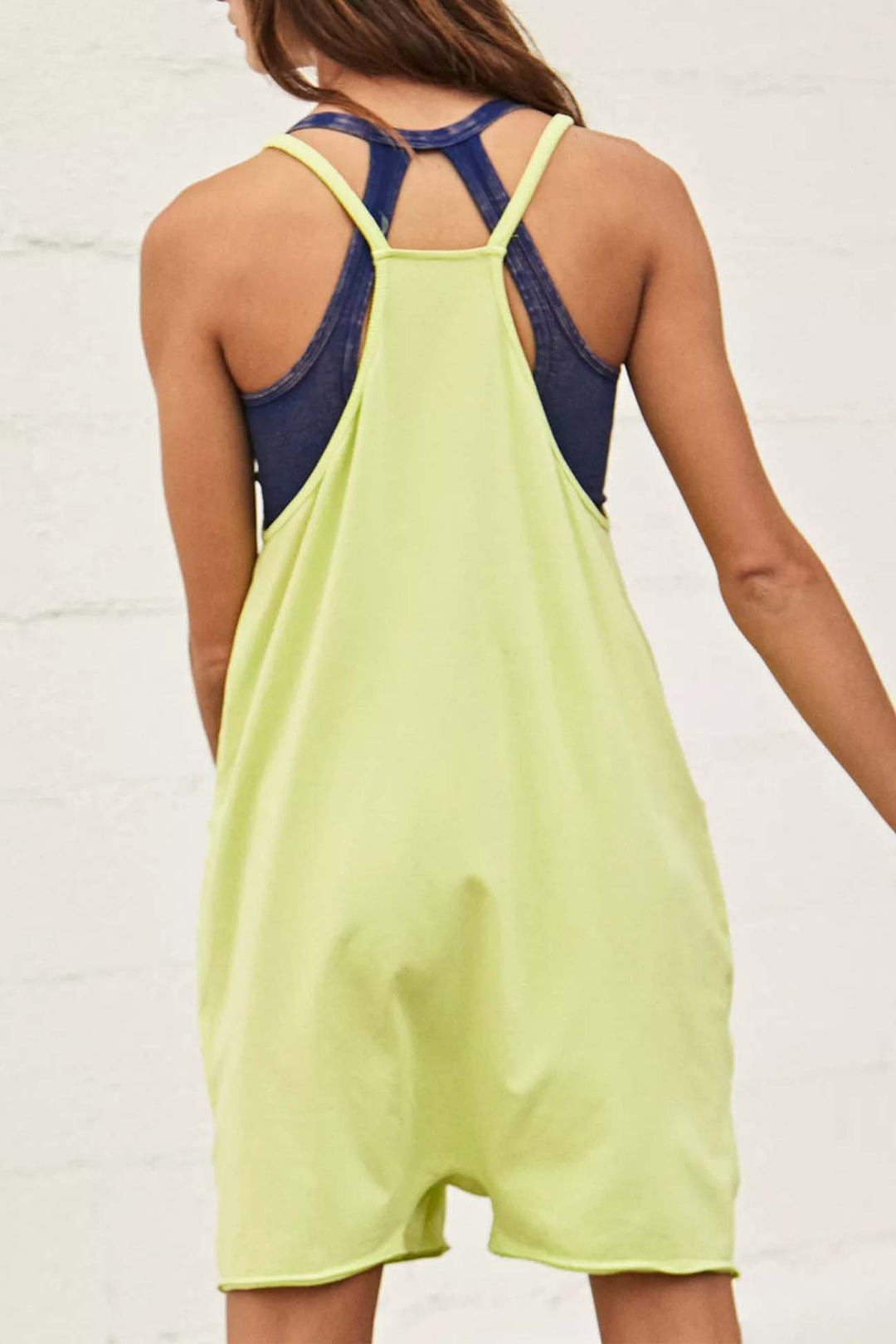 Solid Color V Neck Pocket Cami Rompers Yellow Green · S